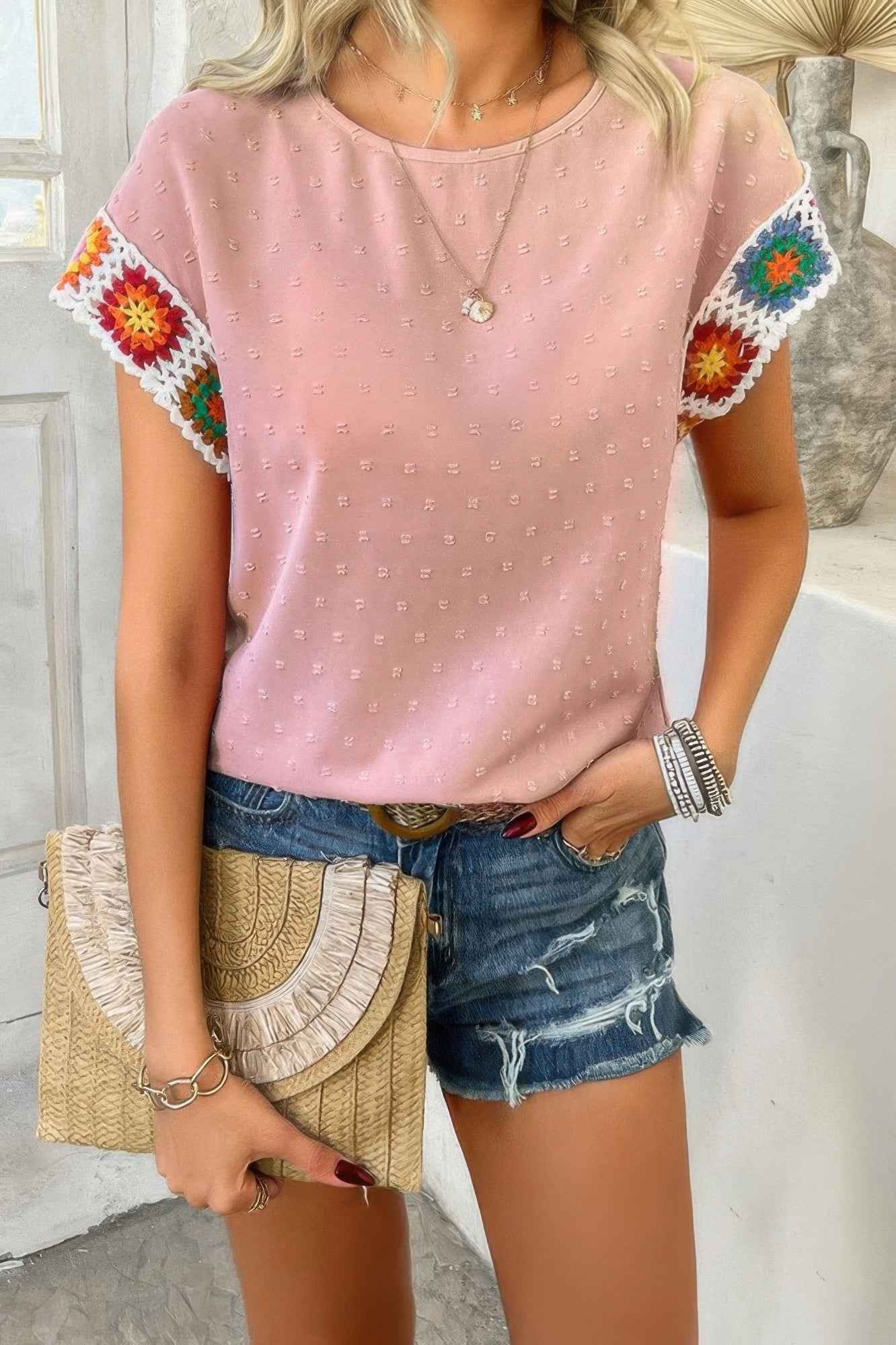 Swiss Dot Crochet Patchwork Short Sleeves Shirt