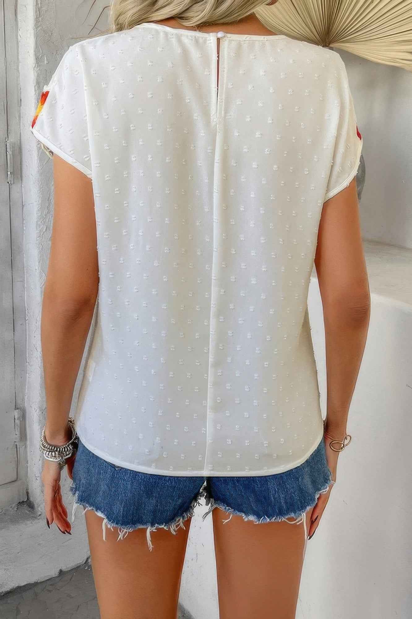 Swiss Dot Crochet Patchwork Short Sleeves Shirt