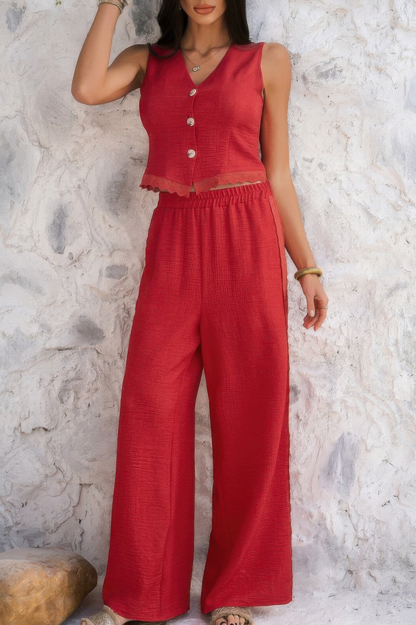 Solid Two Pieces Button Lace Hem Long Sets - It's a Girly Place