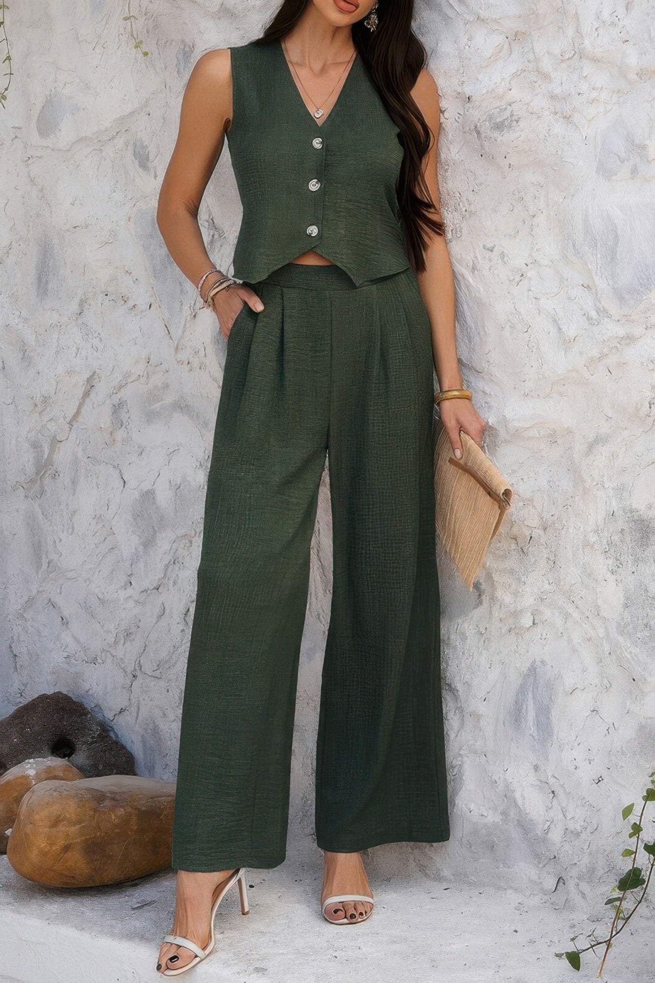 Solid V Neck Button Vest Pleated Suit Sets - It's a Girly Place