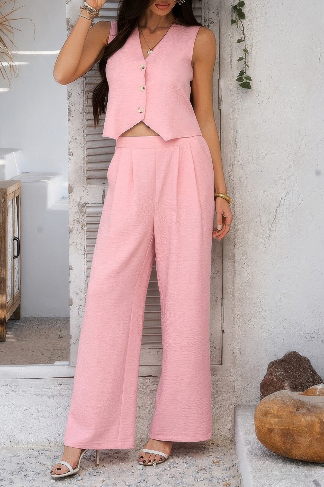 Solid V Neck Button Vest Pleated Suit Sets - It's a Girly Place