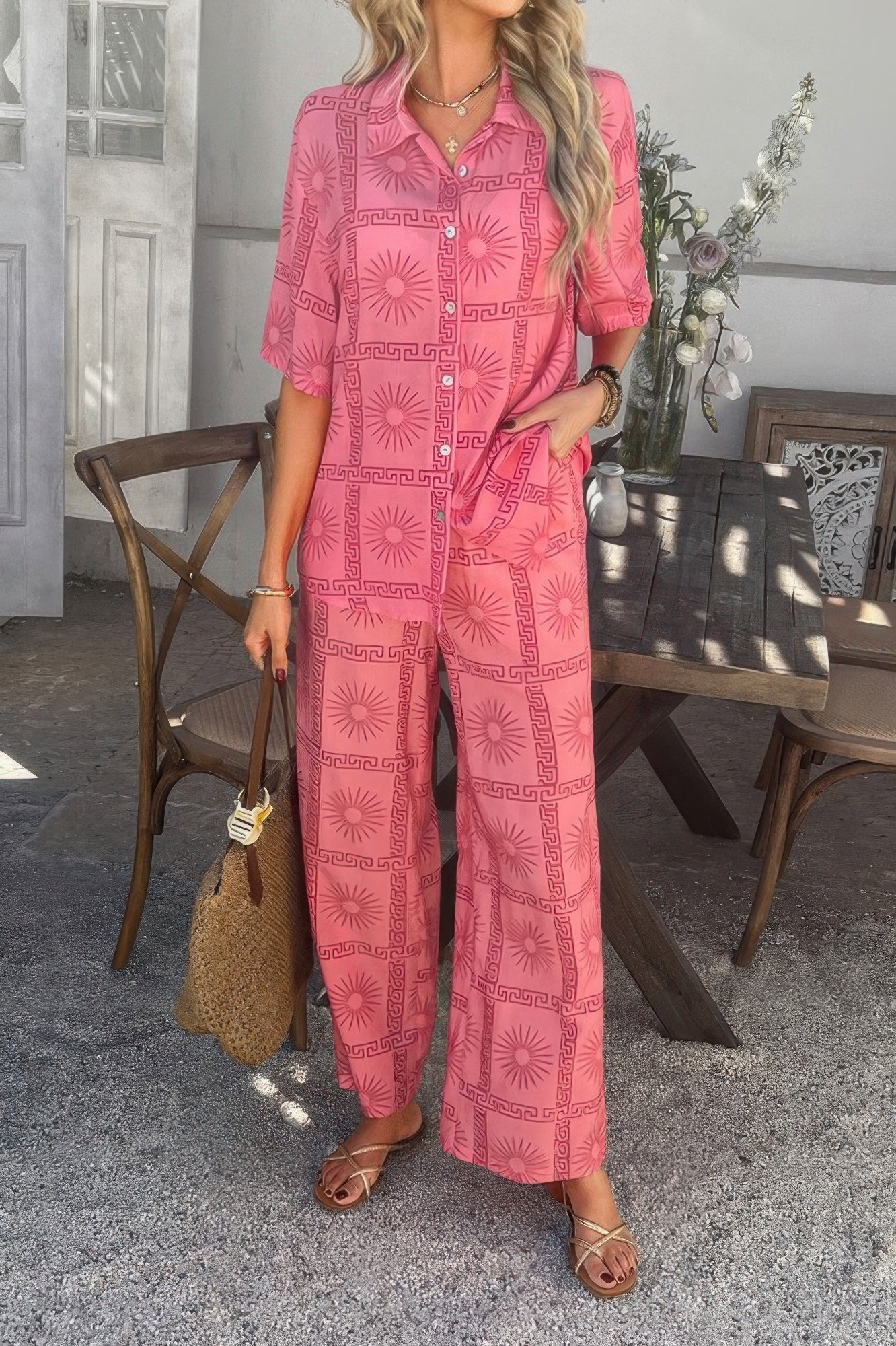 Two Pieces All Over Print Button Down Long Sets - It's a Girly Place