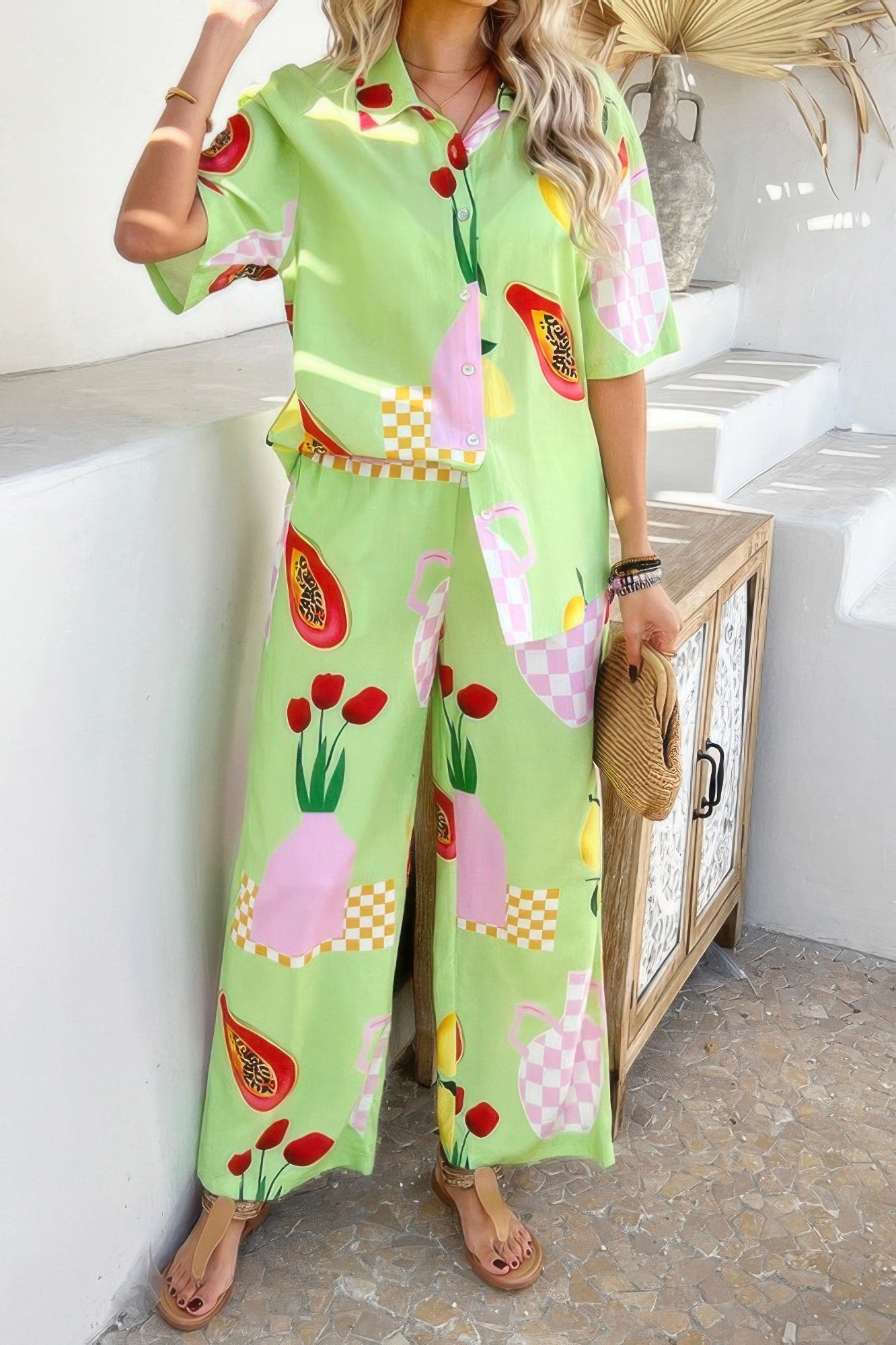 Two Pieces All Over Print Button Down Long Sets - It's a Girly Place