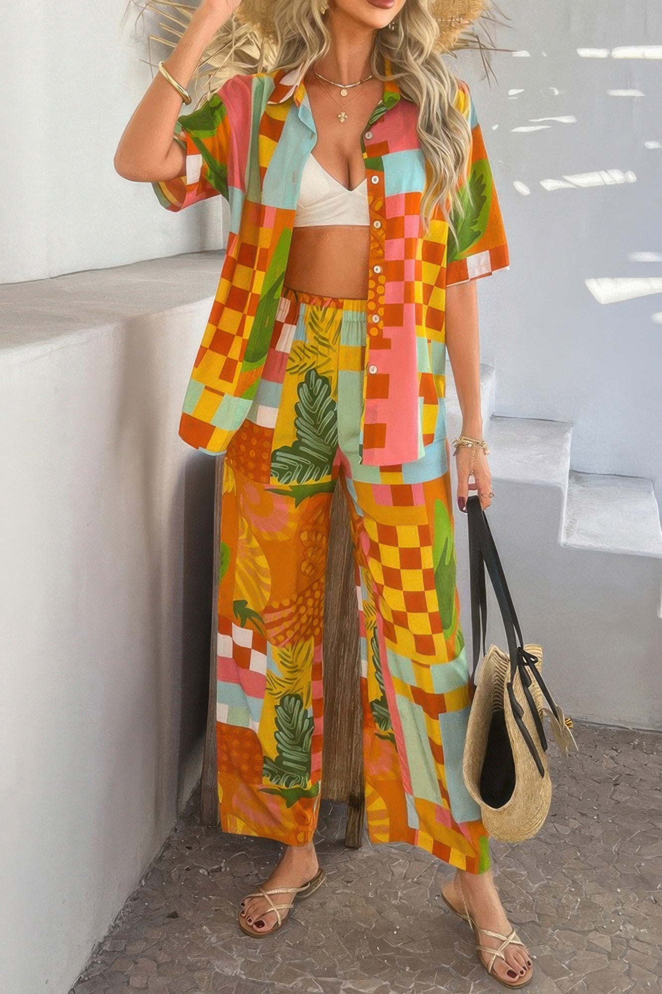 Two Pieces All Over Print Button Down Long Sets - It's a Girly Place