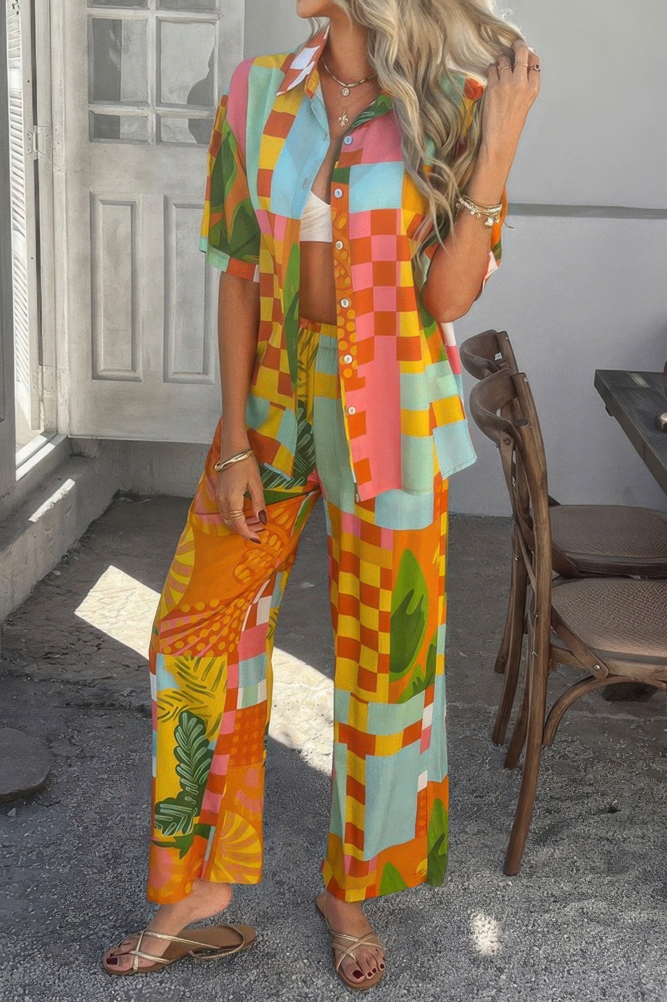 Two Pieces All Over Print Button Down Long Sets - It's a Girly Place