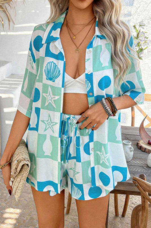 Two Pieces All Over Print Button Down Short Sets