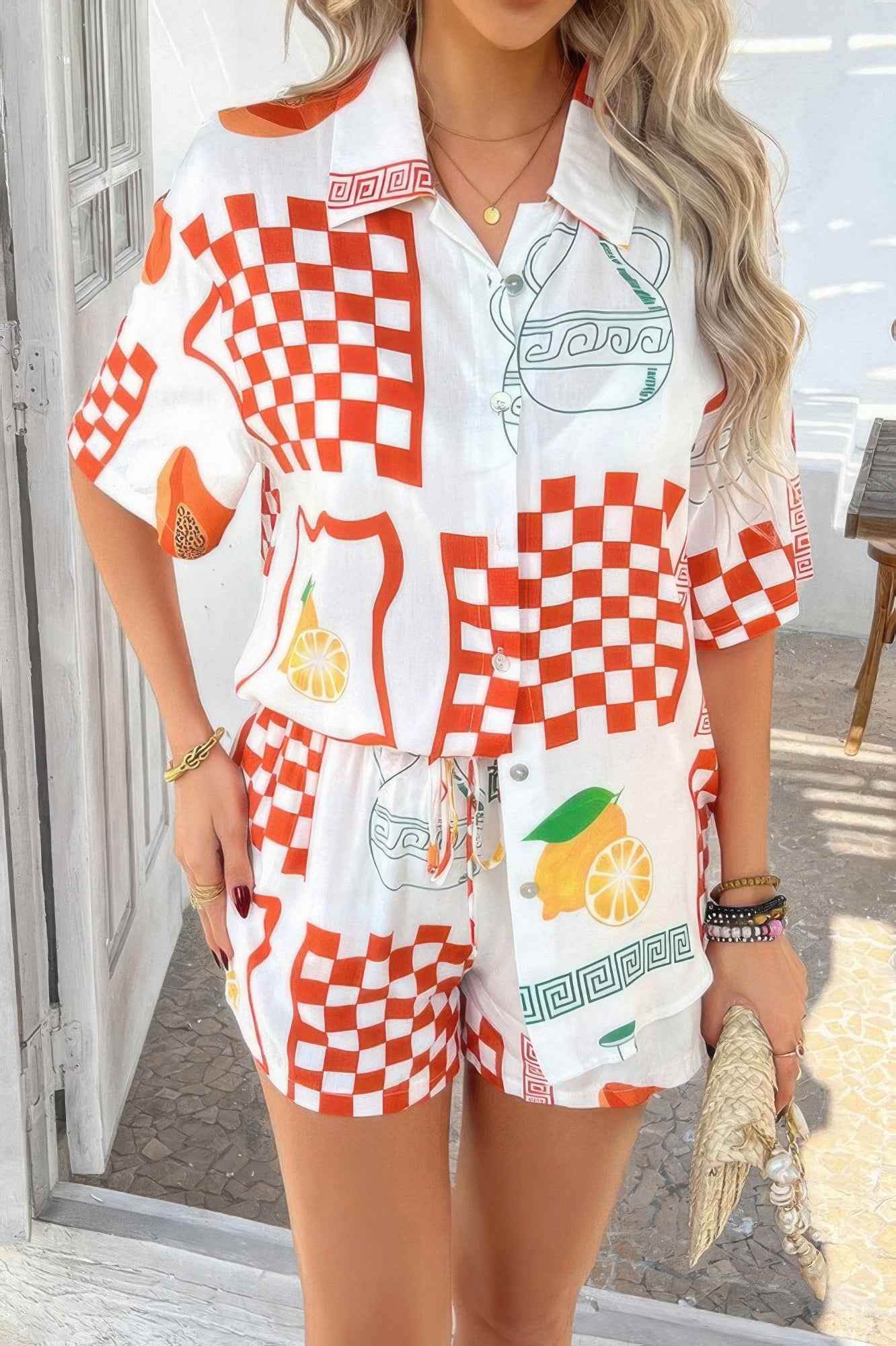 Two Pieces All Over Print Button Down Short Sets