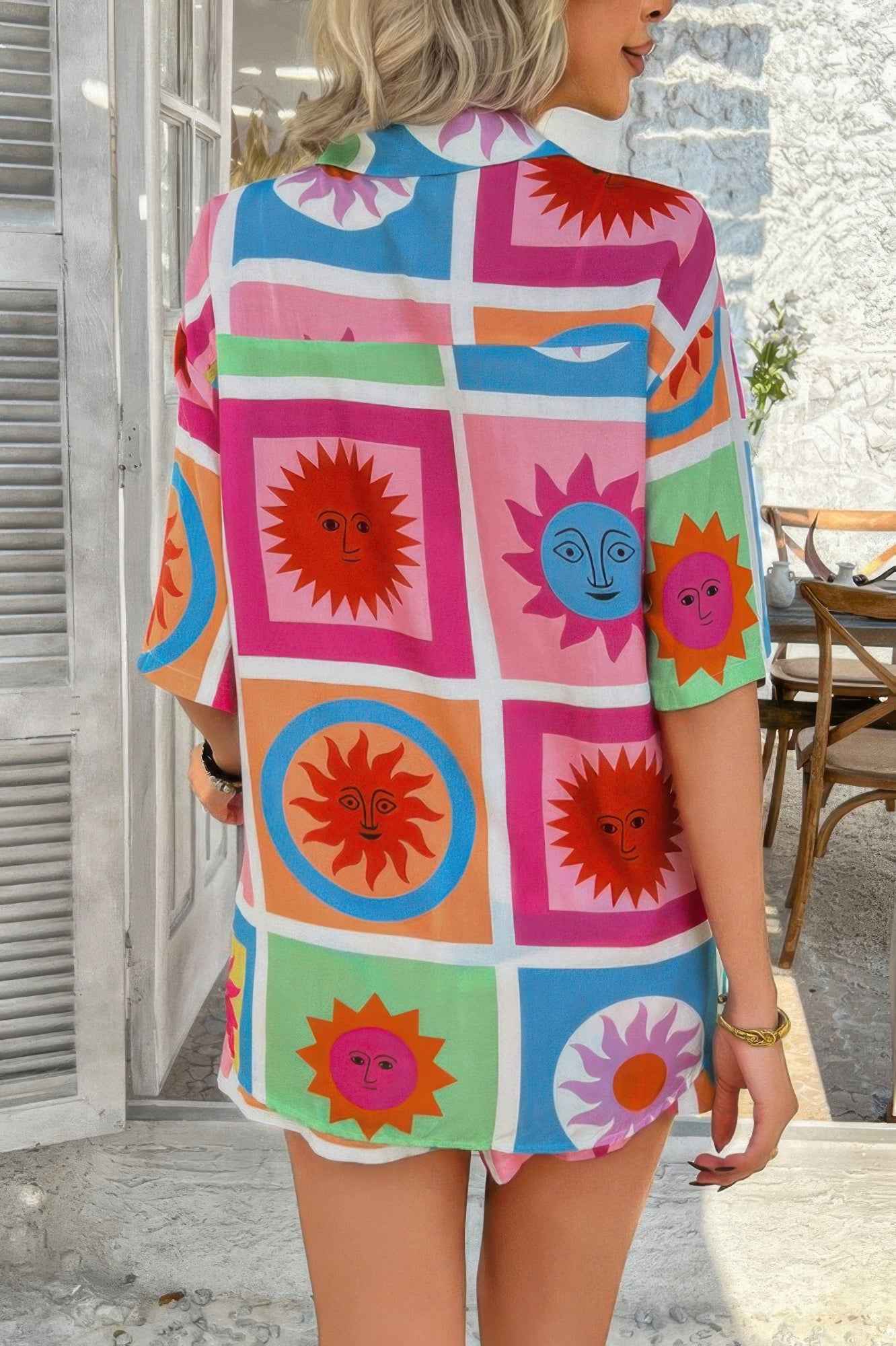 Two Pieces All Over Print Button Down Short Sets