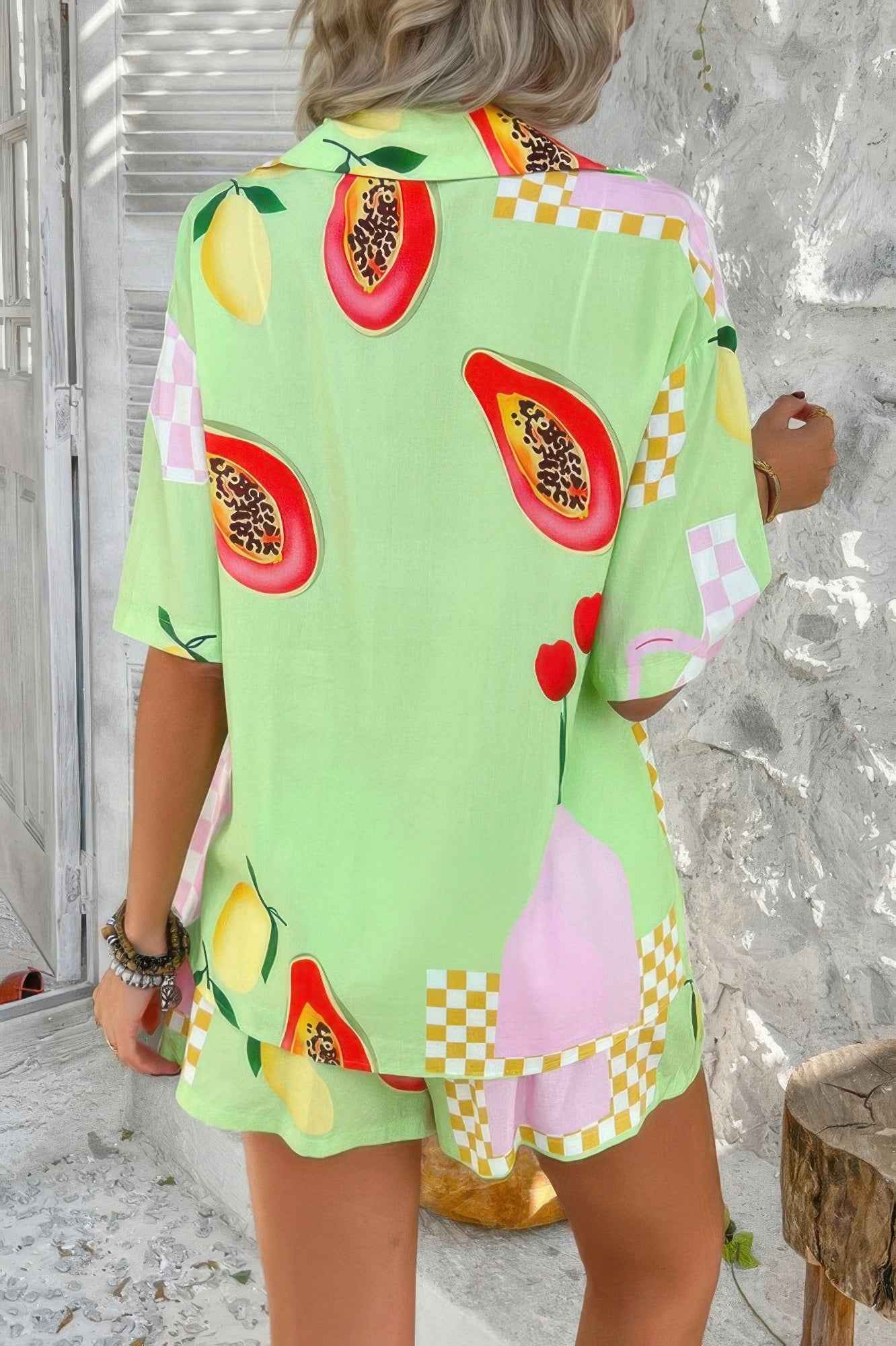 Two Pieces All Over Print Button Down Short Sets