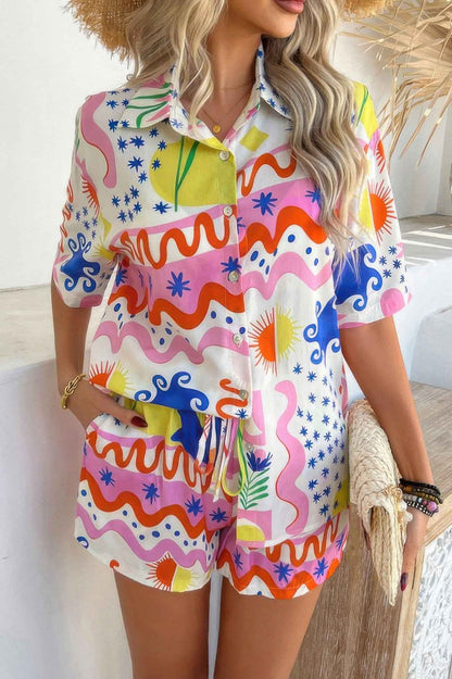 Two Pieces All Over Print Button Down Short Sets