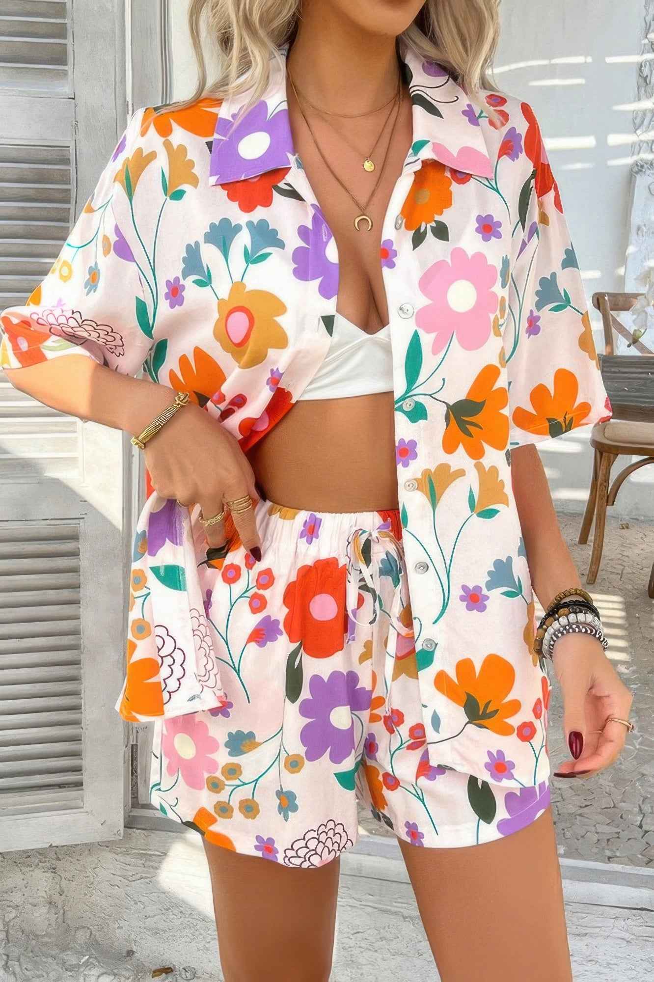 Two Pieces All Over Print Button Down Short Sets