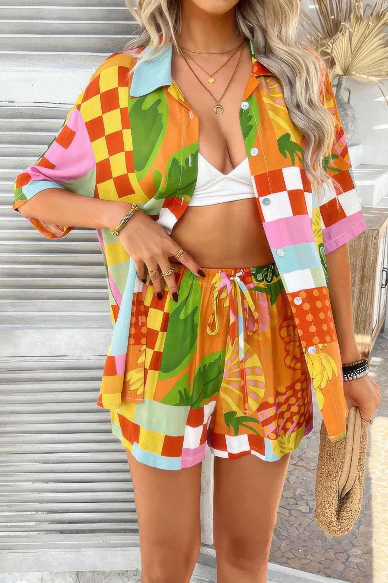 Two Pieces All Over Print Button Down Short Sets