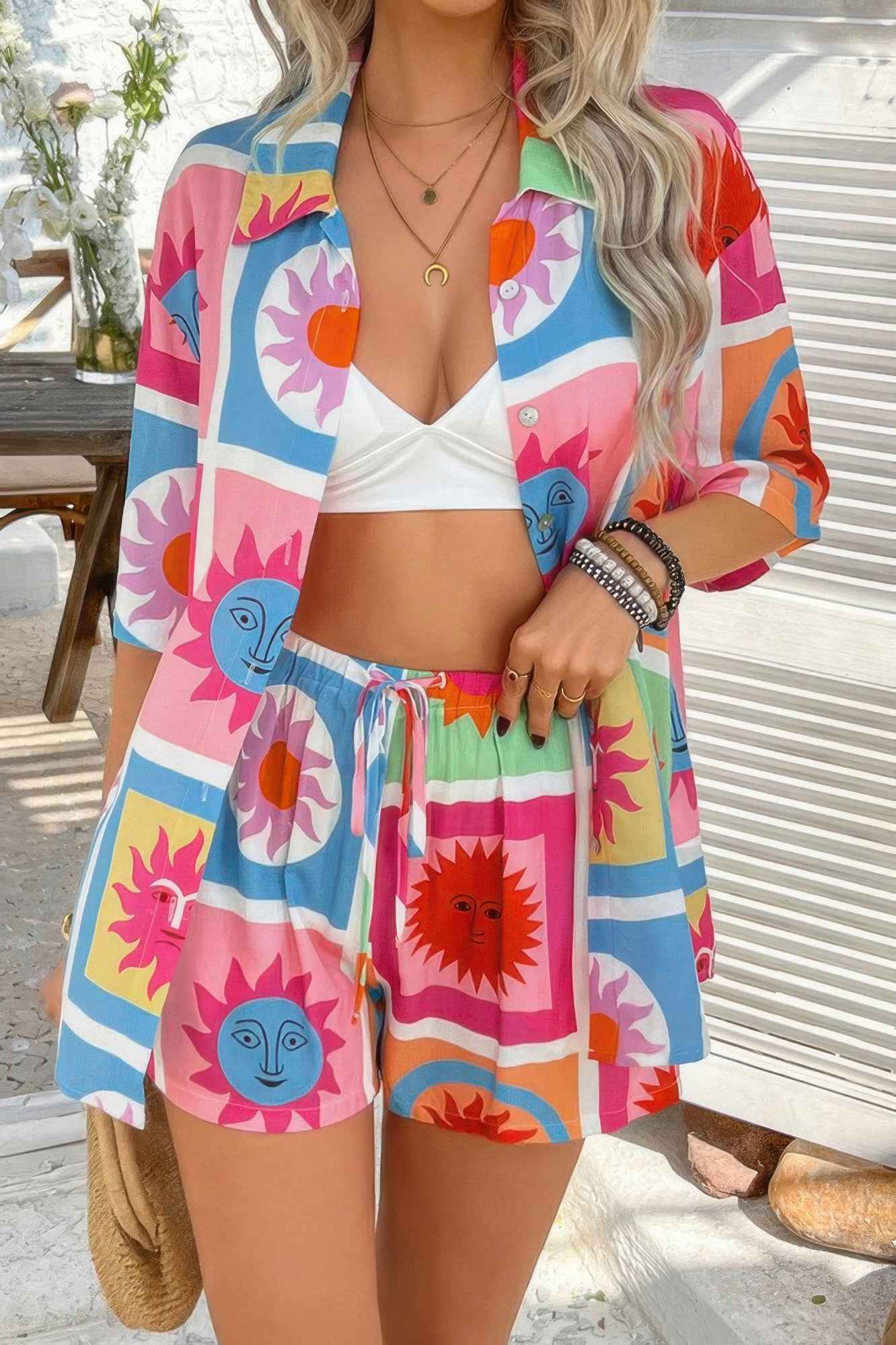 Two Pieces All Over Print Button Down Short Sets