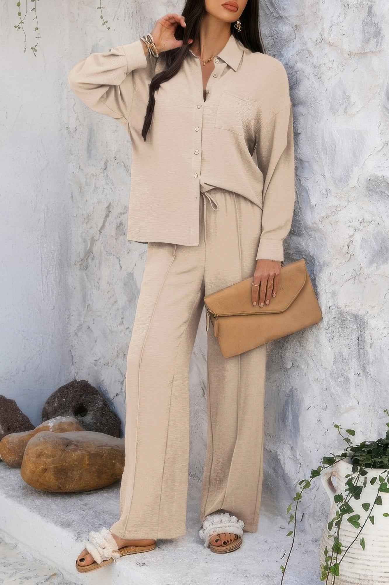 Two Pieces Solid Button Down Blouse Pant Sets