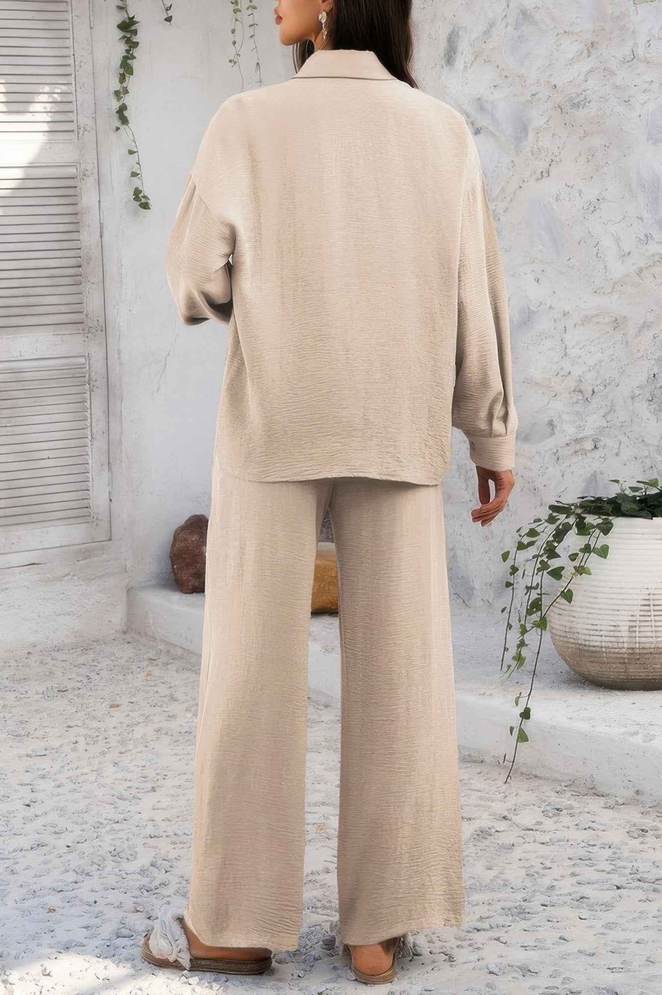 Two Pieces Solid Button Down Blouse Pant Sets