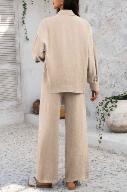 Two Pieces Solid Button Down Blouse Pant Sets