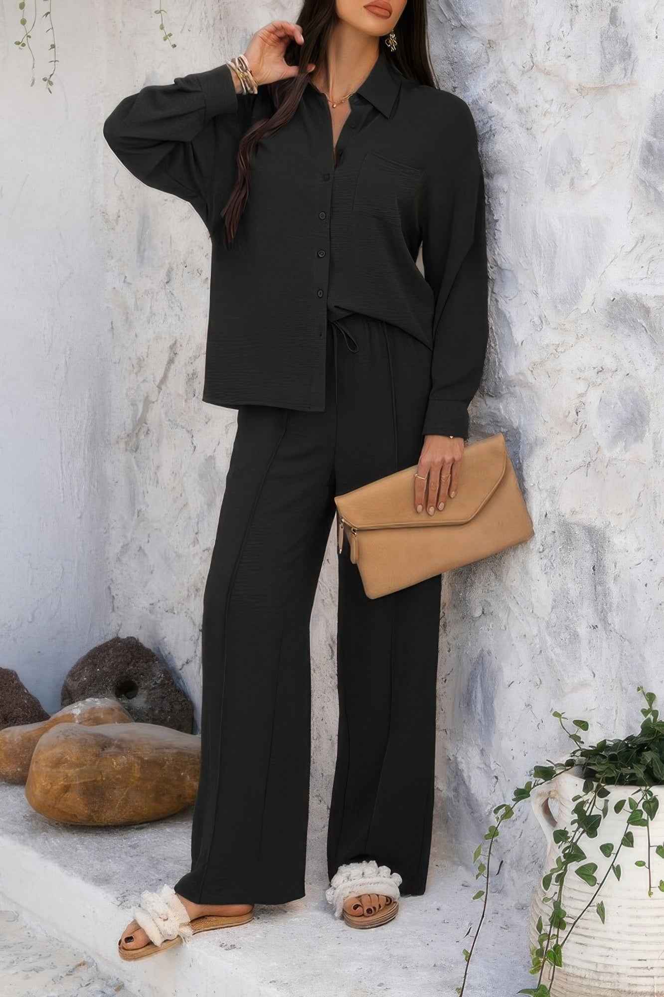 Two Pieces Solid Button Down Blouse Pant Sets