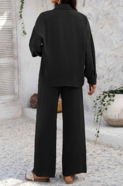 Two Pieces Solid Button Down Blouse Pant Sets