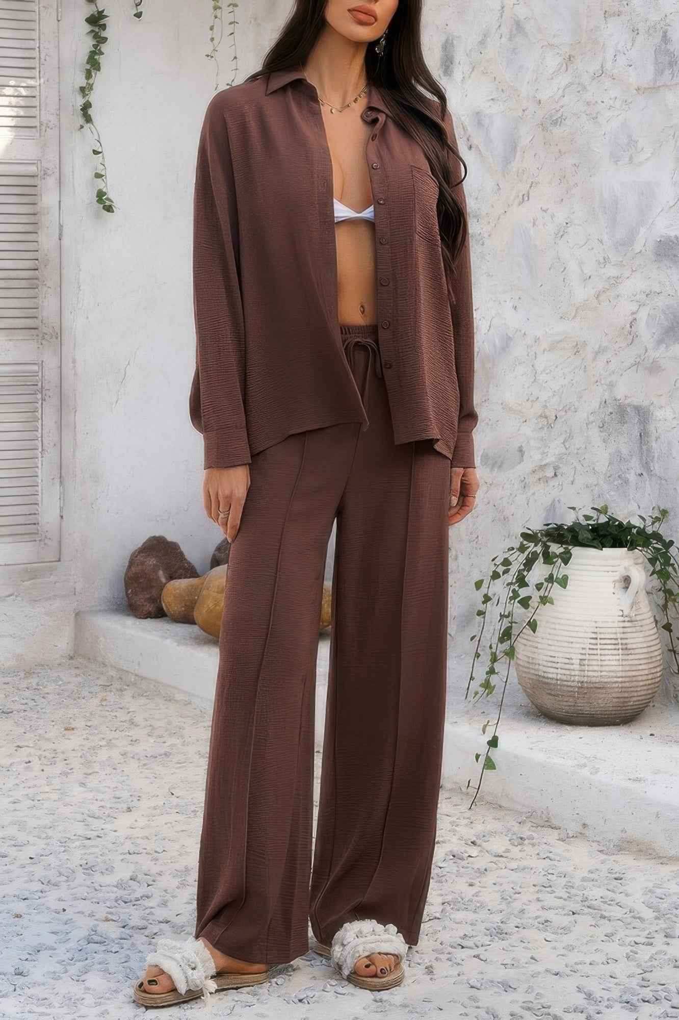 Two Pieces Solid Button Down Blouse Pant Sets