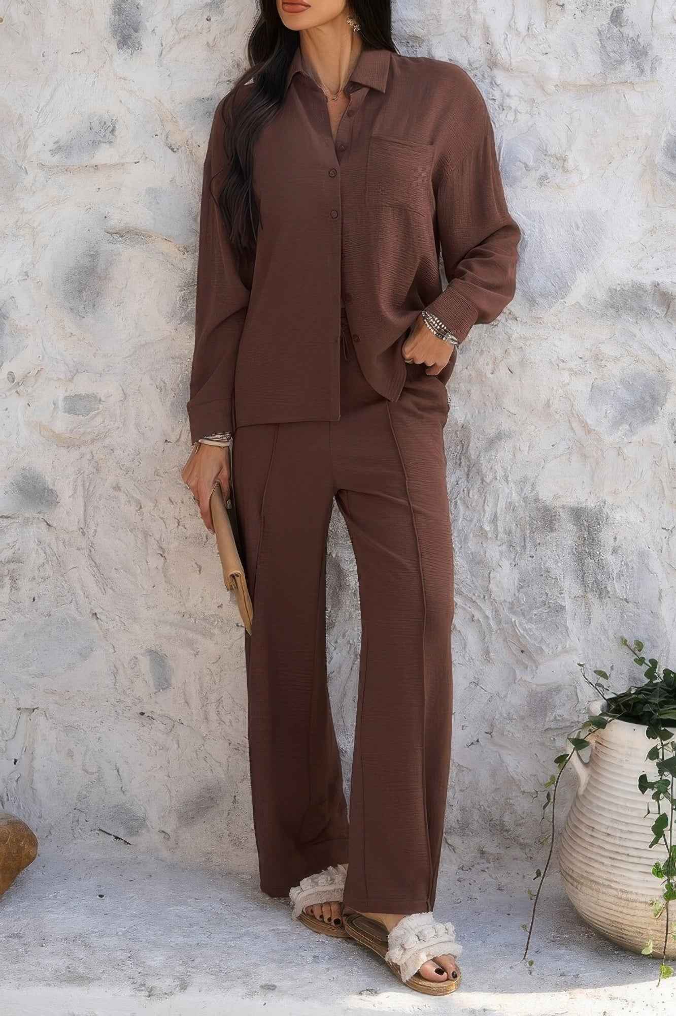 Two Pieces Solid Button Down Blouse Pant Sets