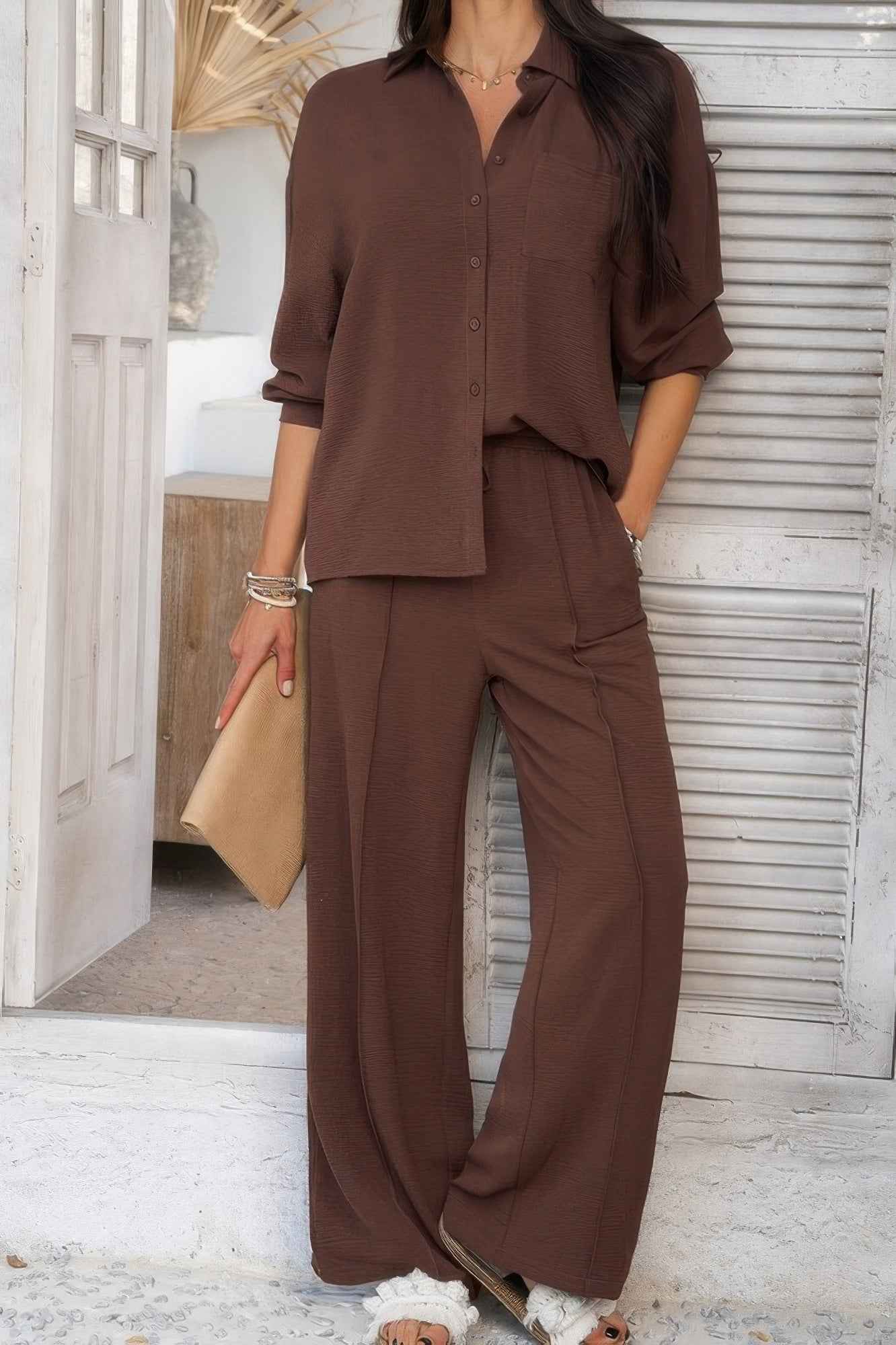Two Pieces Solid Button Down Blouse Pant Sets