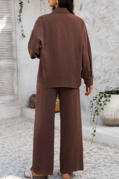 Two Pieces Solid Button Down Blouse Pant Sets