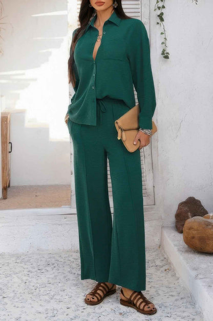 Two Pieces Solid Button Down Blouse Pant Sets