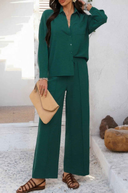 Two Pieces Solid Button Down Blouse Pant Sets
