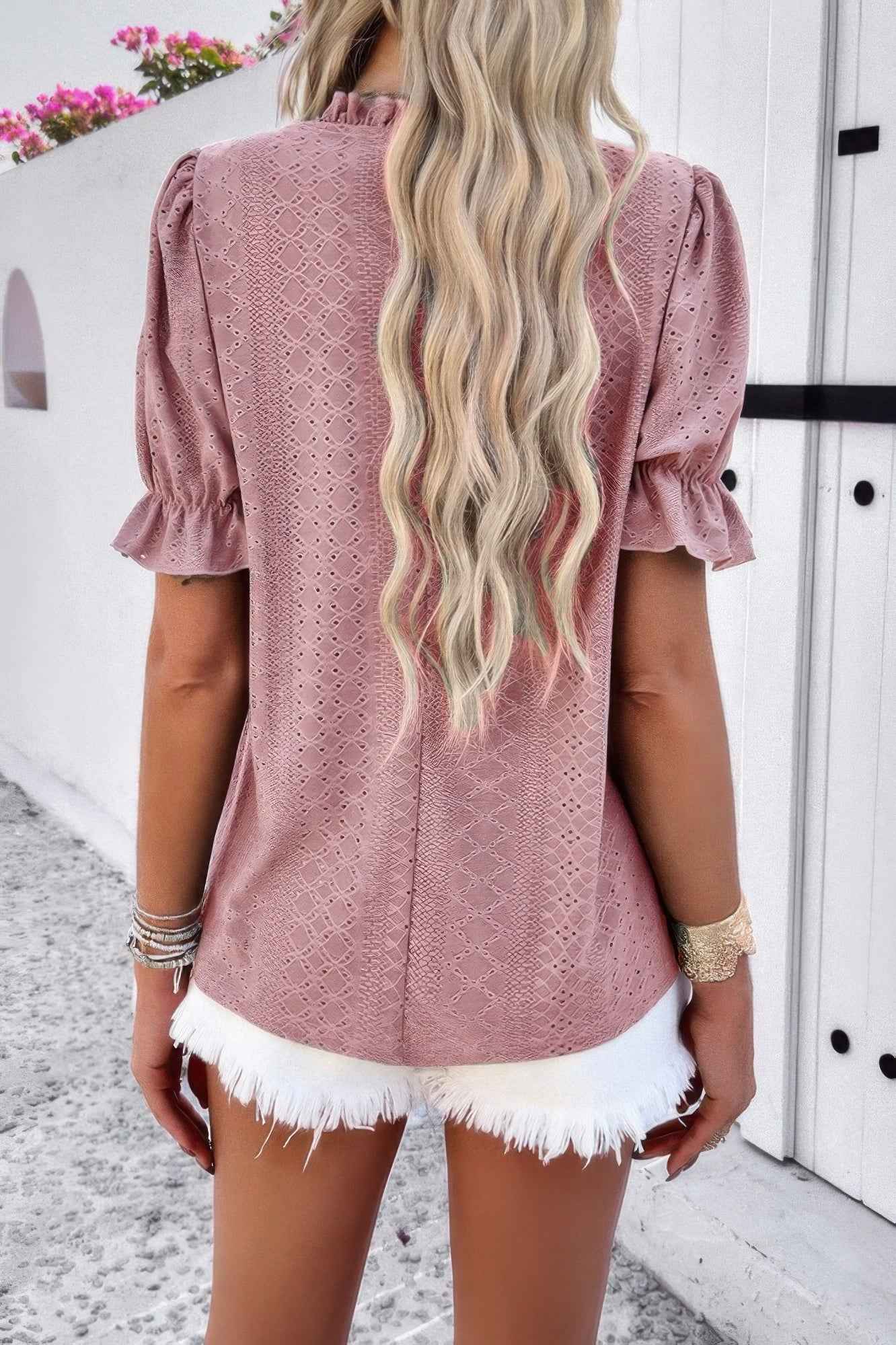 Round Neck Embroidery Ruffle Sleeve Loose Fit Shirt
