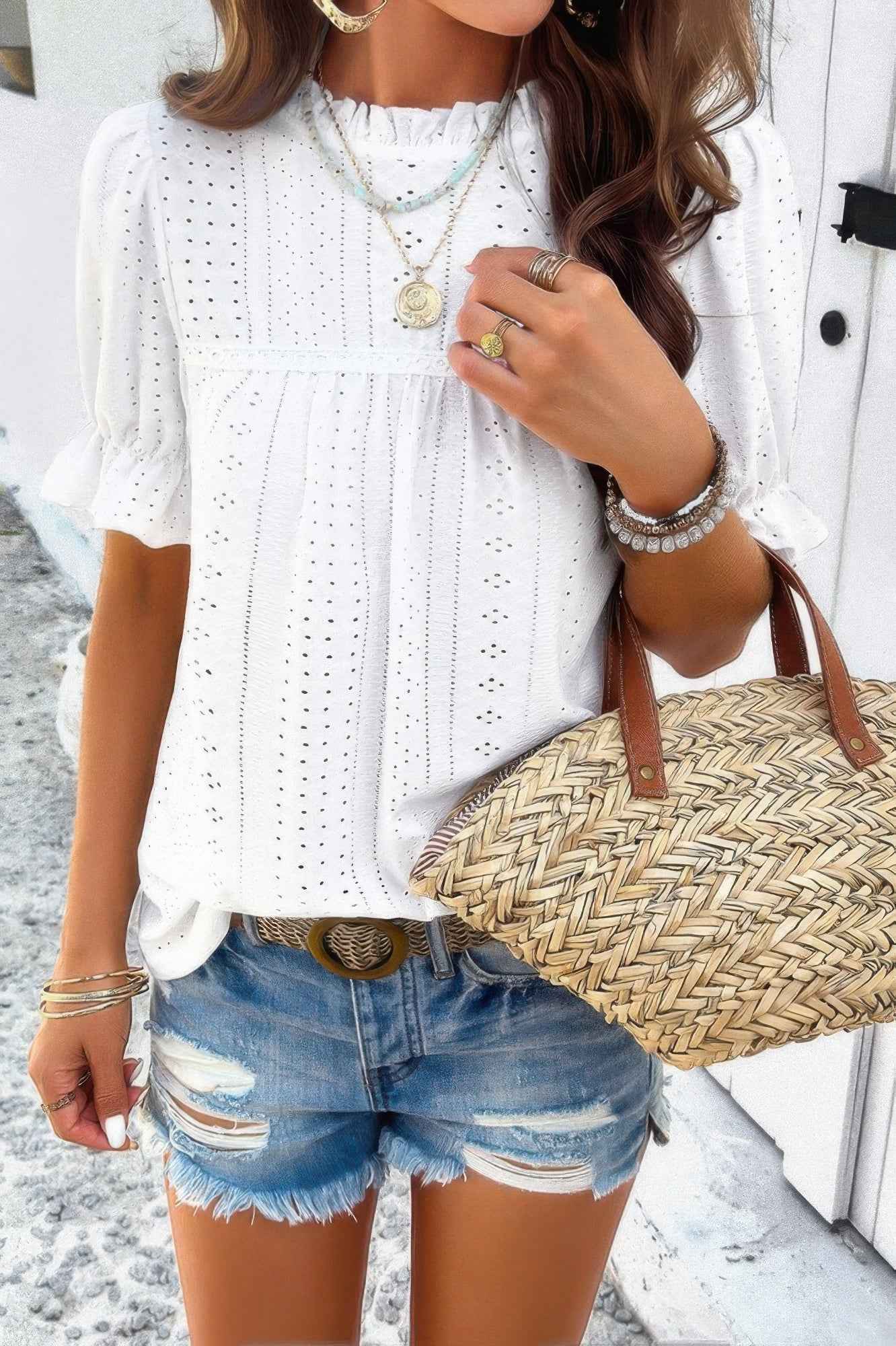 Round Neck Embroidery Ruffle Sleeve Loose Fit Shirt
