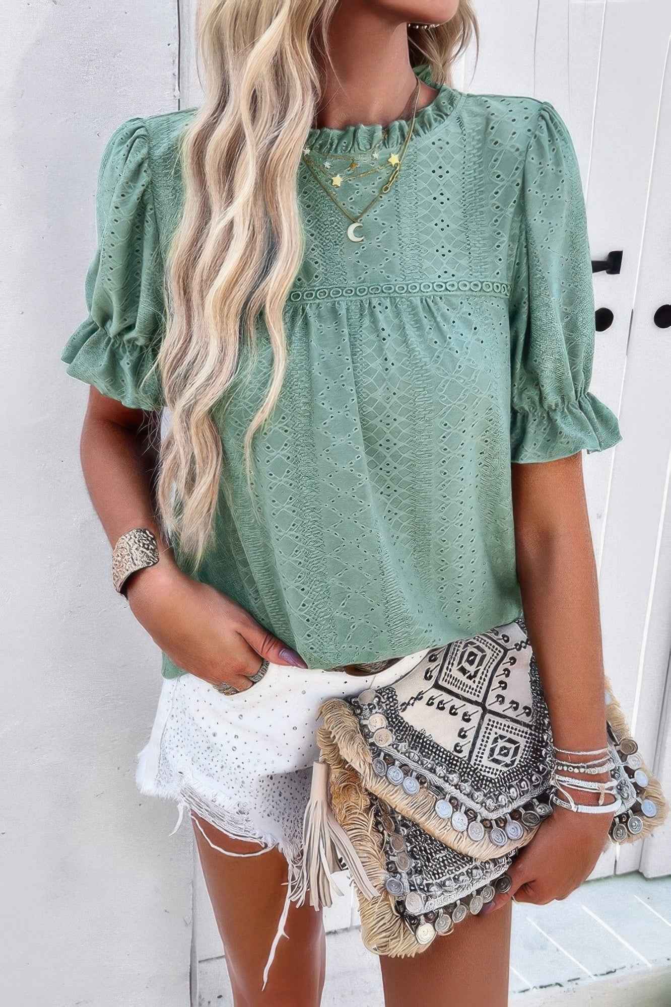 Round Neck Embroidery Ruffle Sleeve Loose Fit Shirt