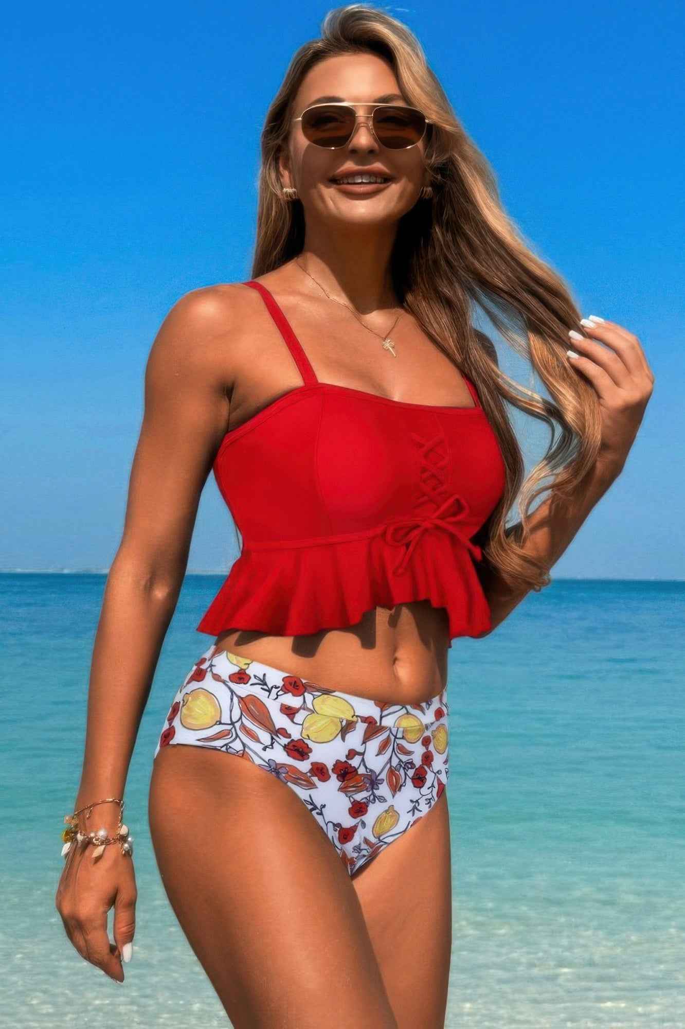 Ruffle Falbala Waist Knot Front Tankini Swimsuit