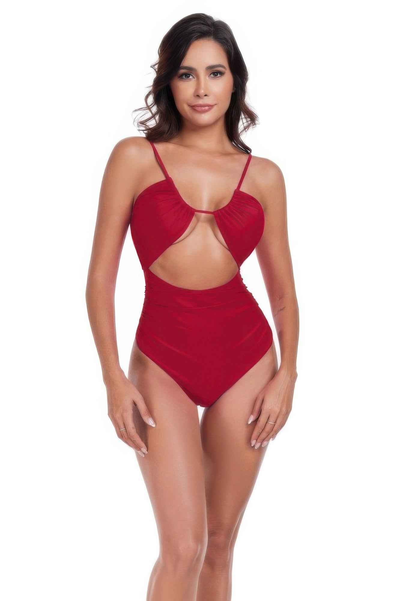 One Piece Solid Ruched Strap Cut Out Swimsuit