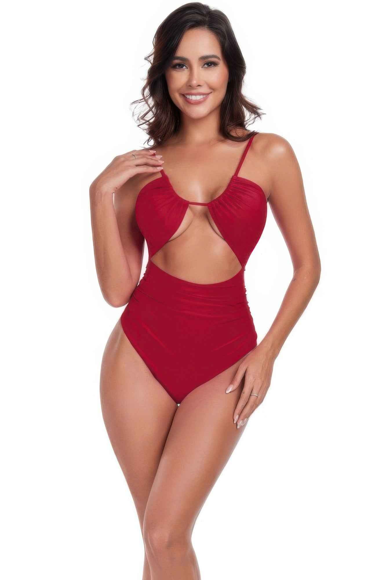 One Piece Solid Ruched Strap Cut Out Swimsuit