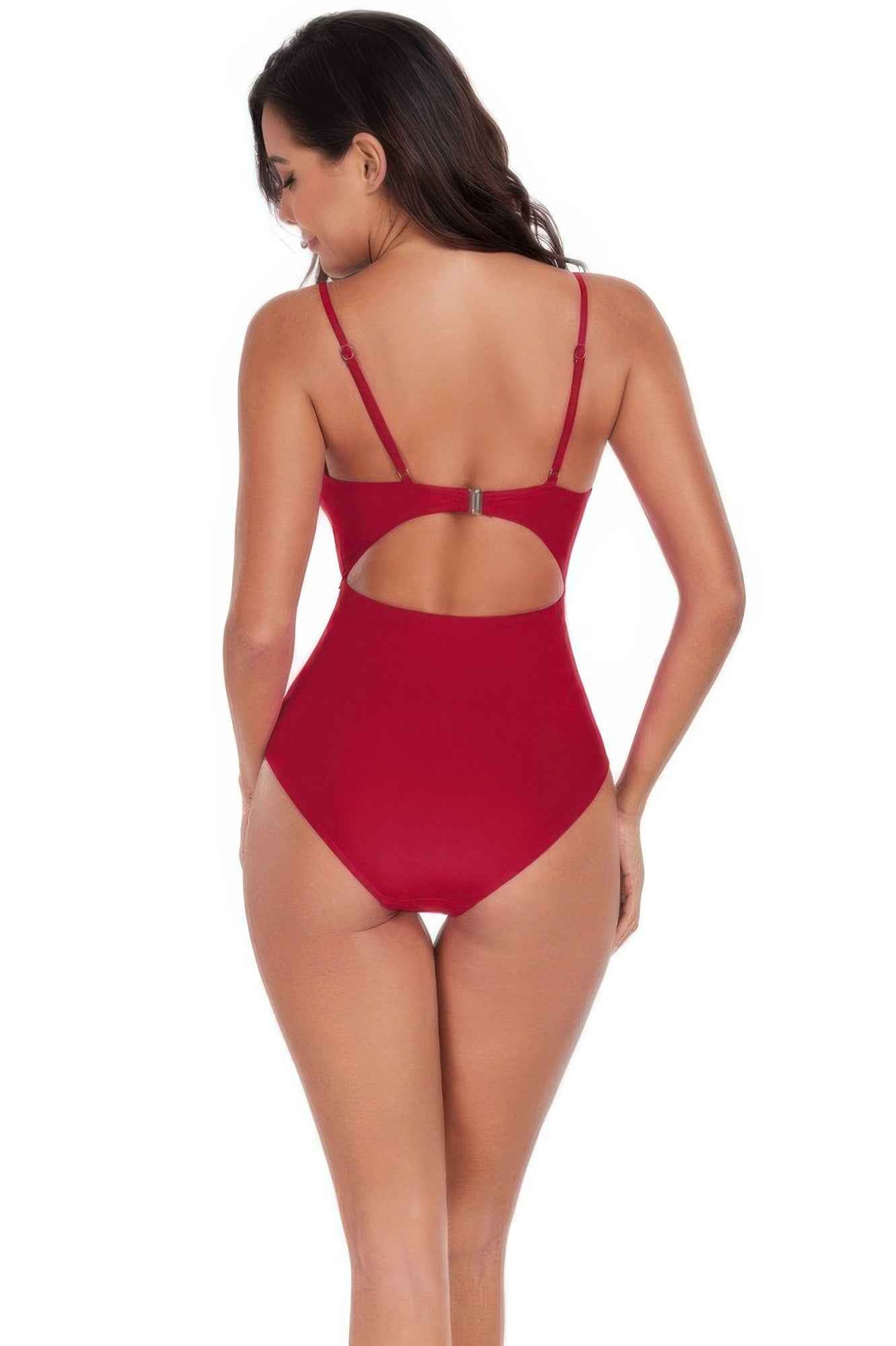 One Piece Solid Ruched Strap Cut Out Swimsuit