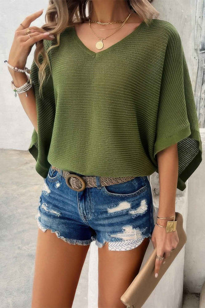 Solid V Neck Knit Loose Fit Bat Sleeves Top