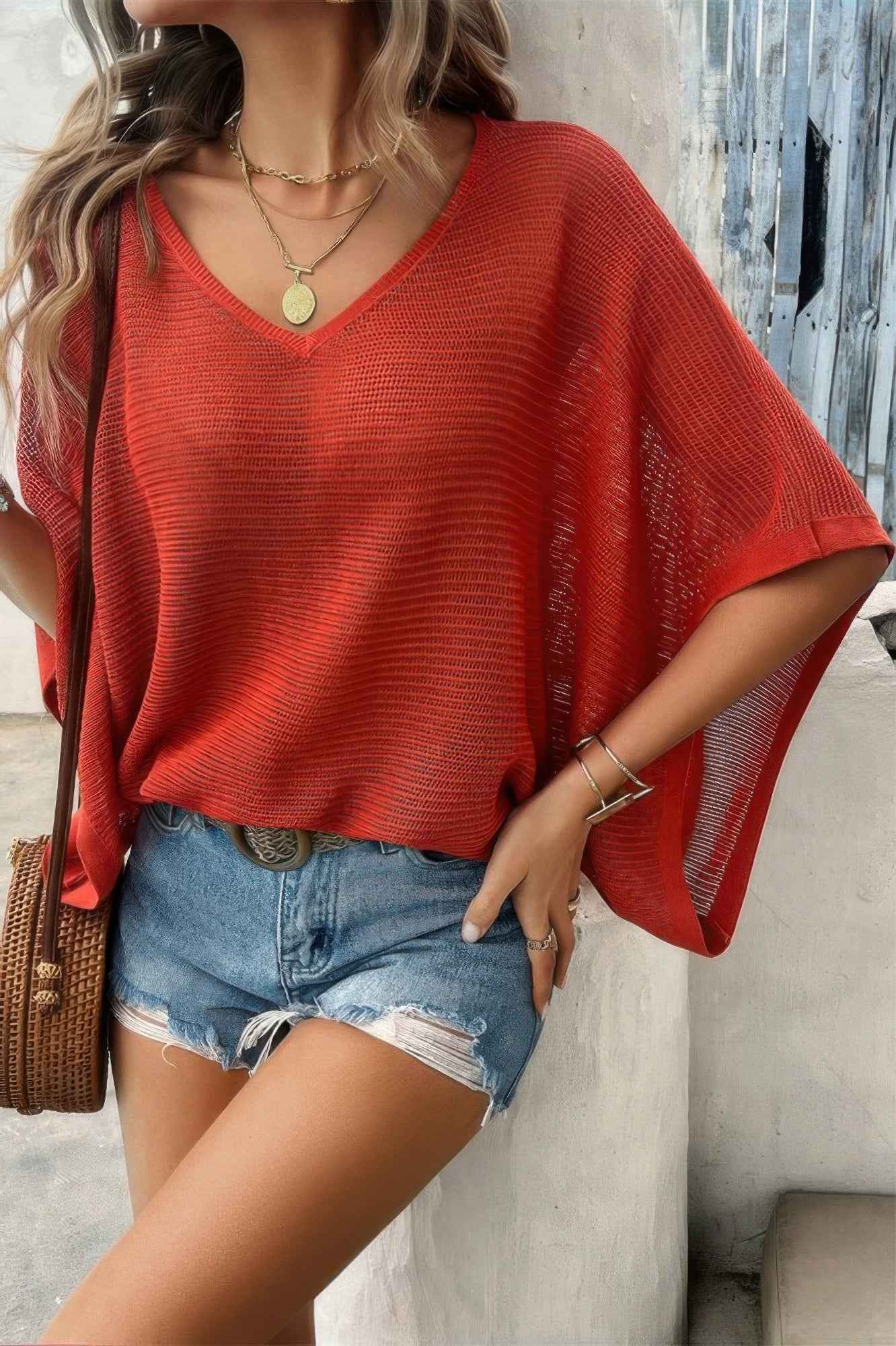 Solid V Neck Knit Loose Fit Bat Sleeves Top
