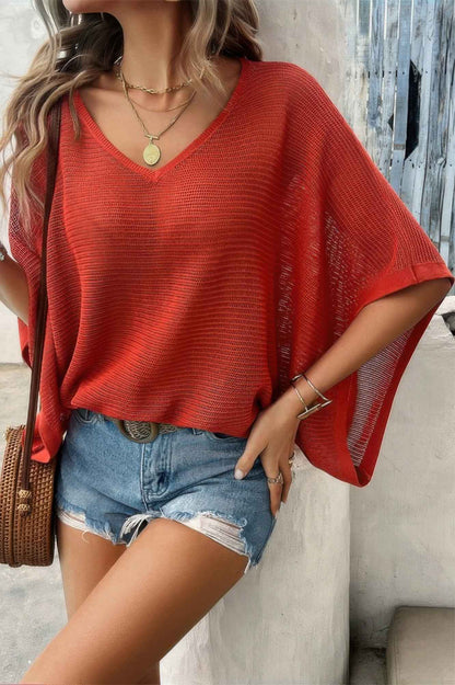 Solid V Neck Knit Loose Fit Bat Sleeves Top
