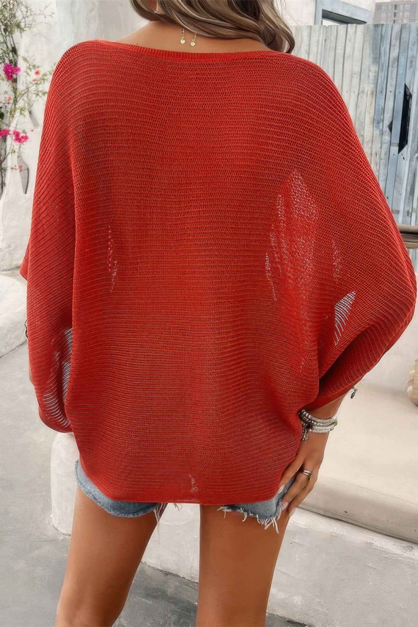 Solid V Neck Knit Loose Fit Bat Sleeves Top