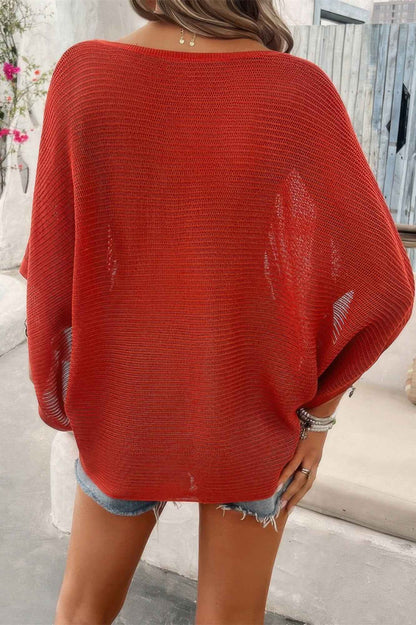 Solid V Neck Knit Loose Fit Bat Sleeves Top