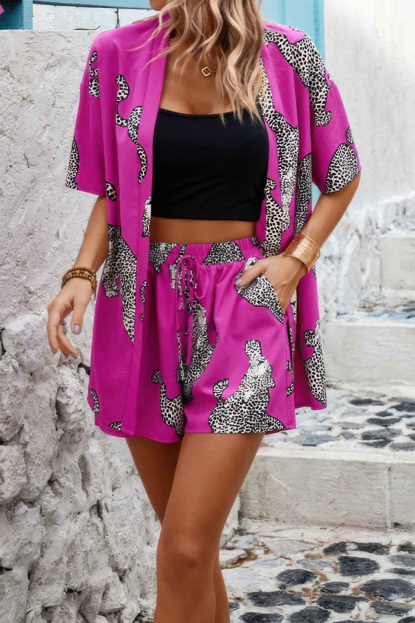 Two Piece Leopard Print Drop Shoulder Pockets Set