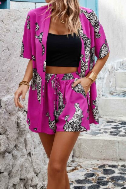 Two Piece Leopard Print Drop Shoulder Pockets Set