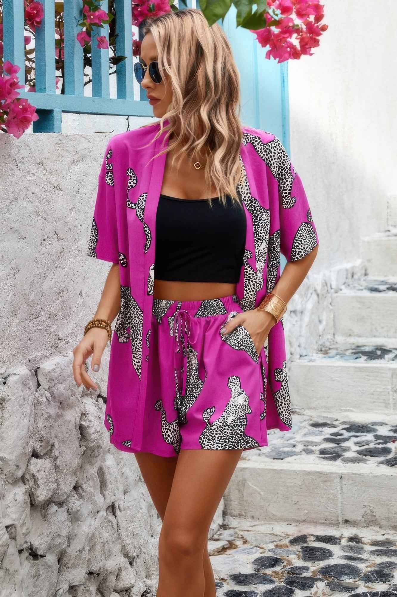 Two Piece Leopard Print Drop Shoulder Pockets Set