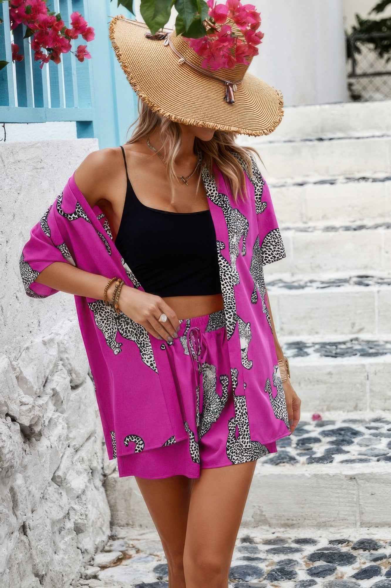 Two Piece Leopard Print Drop Shoulder Pockets Set