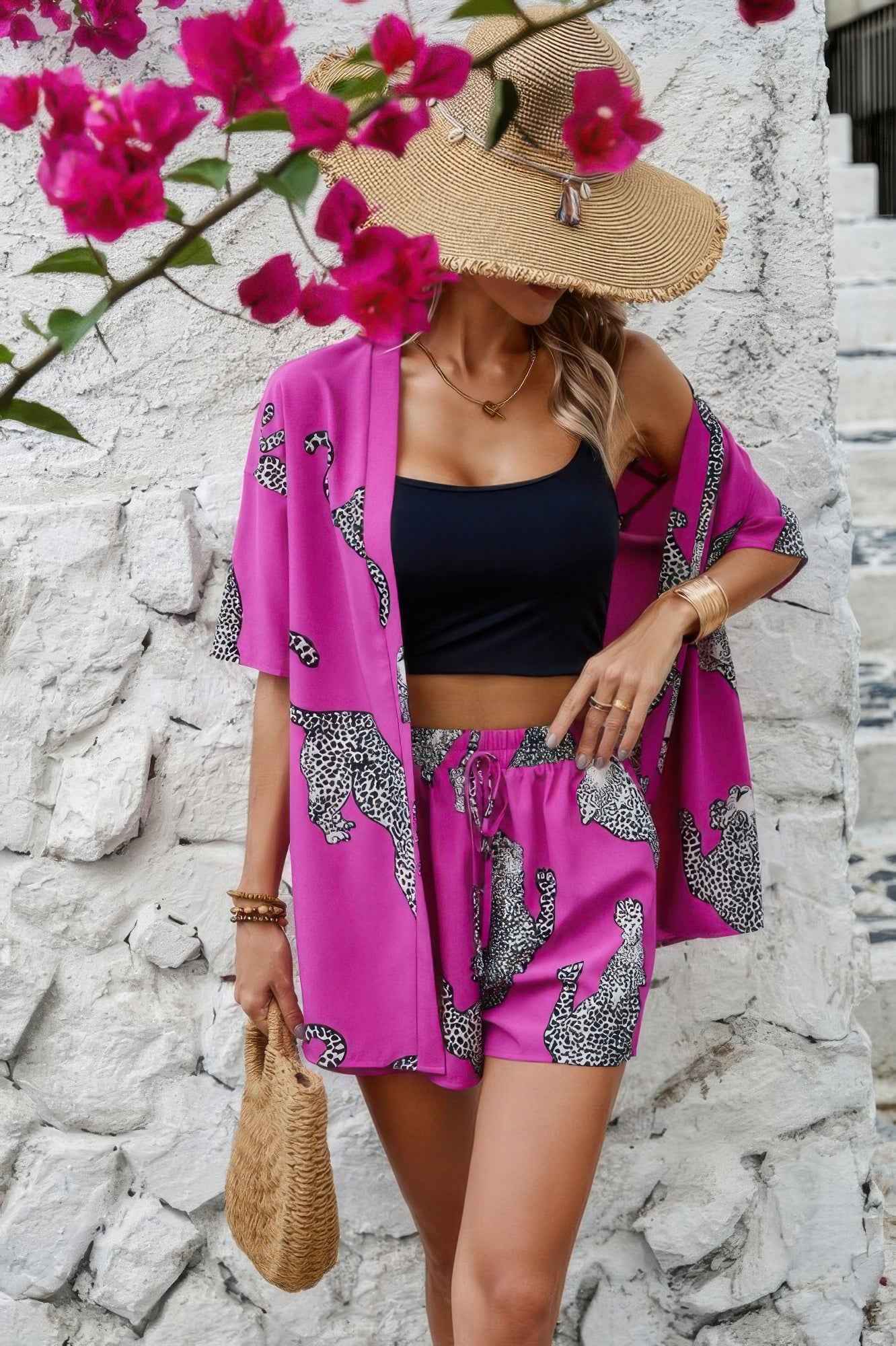 Two Piece Leopard Print Drop Shoulder Pockets Set