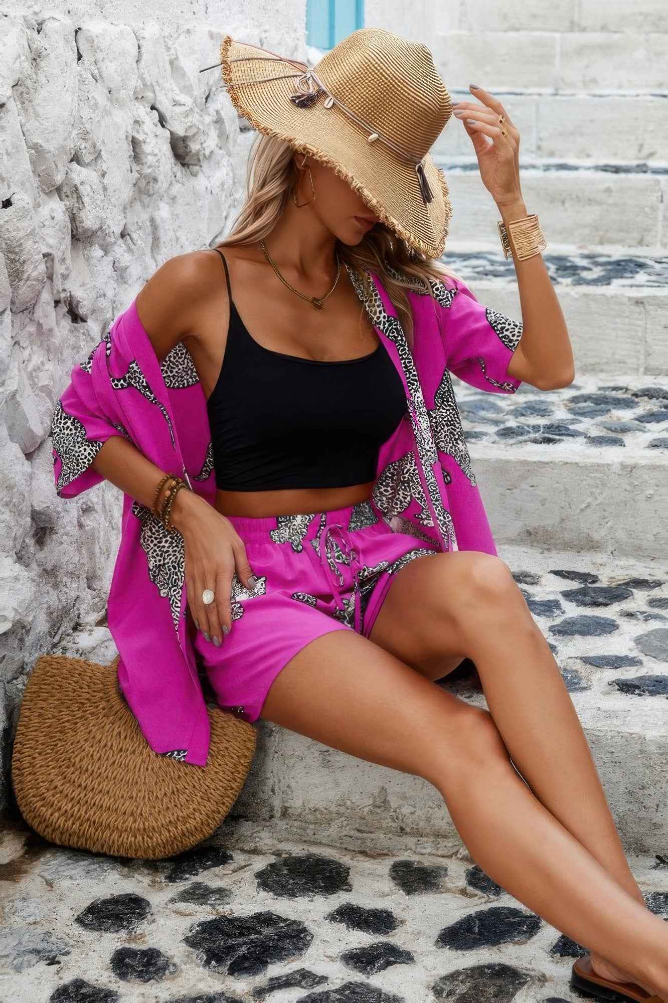 Two Piece Leopard Print Drop Shoulder Pockets Set