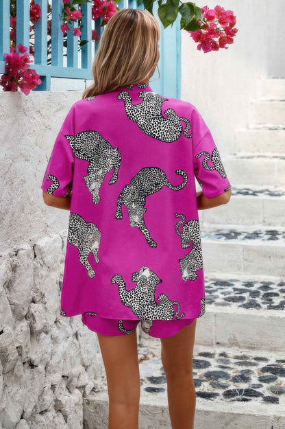 Two Piece Leopard Print Drop Shoulder Pockets Set