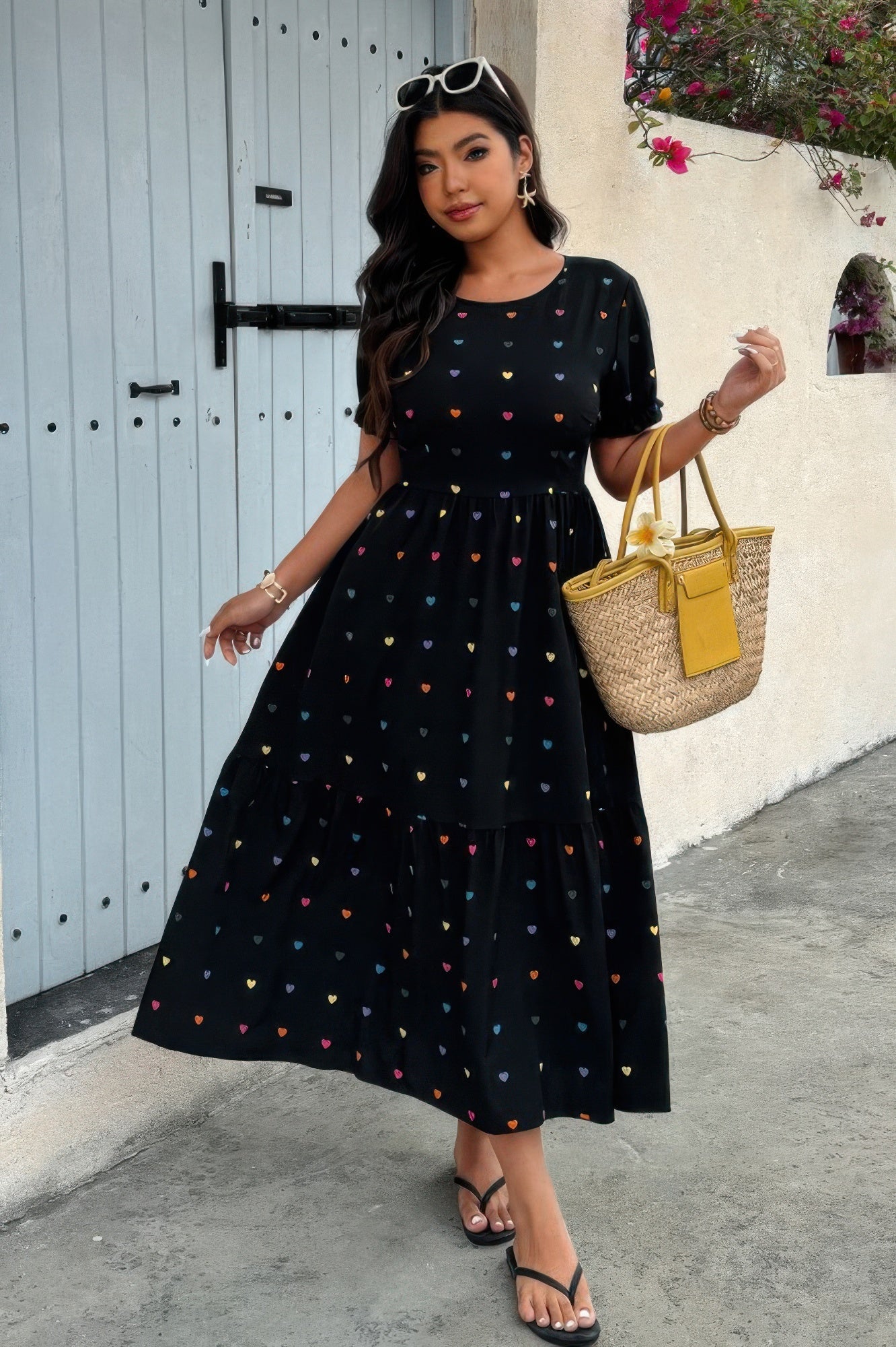 Plus Heart Print Round Neck Ruffle Hem Dress - It's a Girly Place