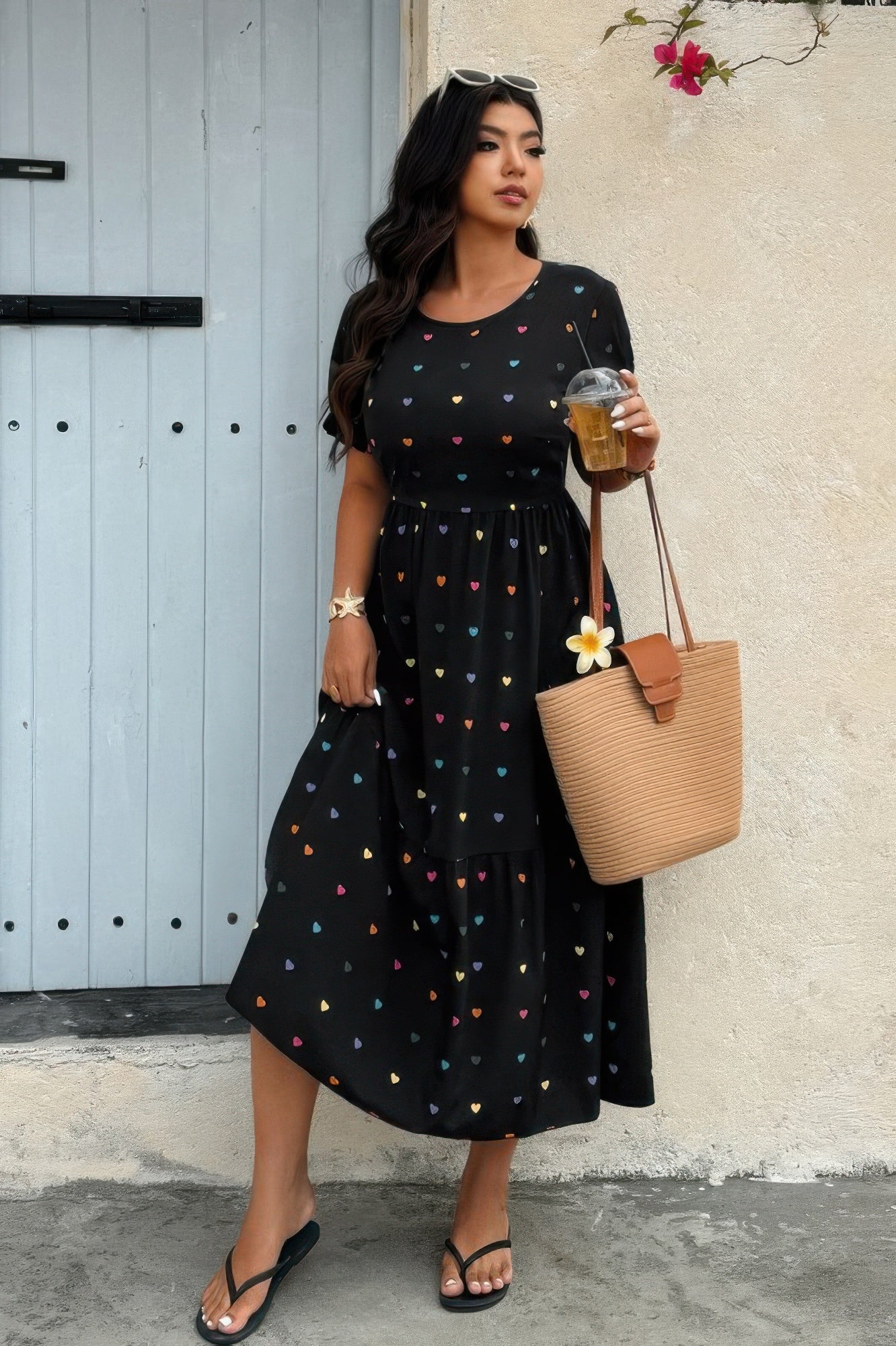 Plus Heart Print Round Neck Ruffle Hem Dress - It's a Girly Place