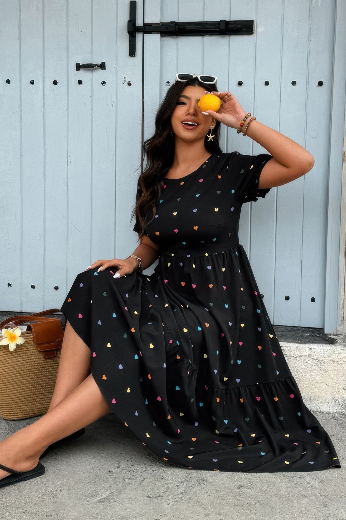 Plus Heart Print Round Neck Ruffle Hem Dress - It's a Girly Place